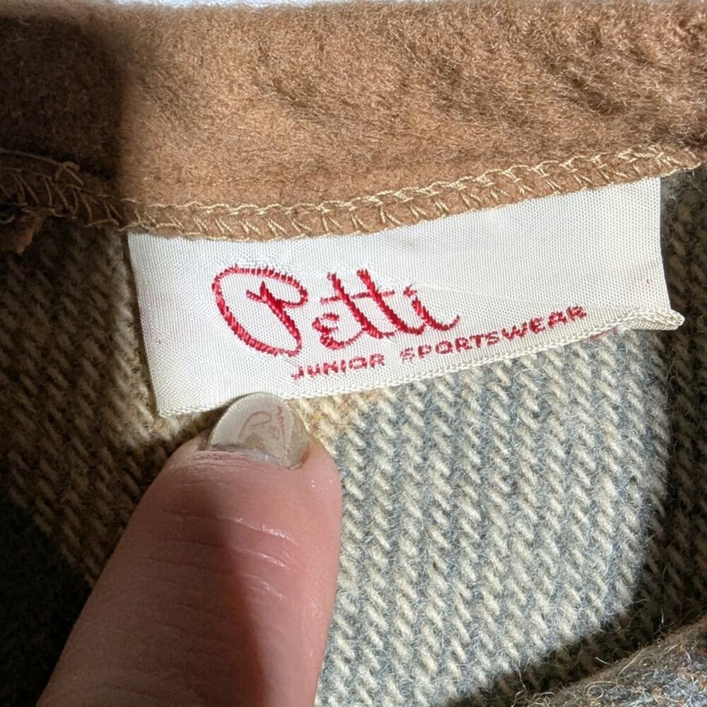 Vtg 1950s Petti Brown Tan Blue Plaid Wool Felt Back Zip Short Sleeve Top Sz S - Picture 4 of 4